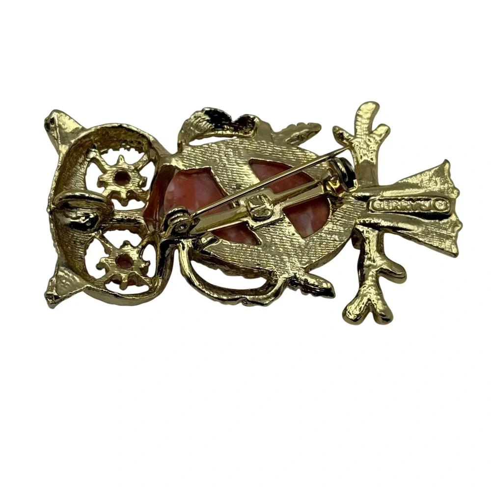 Vintage‎ Gerry's Owl Brooch Pin Gold Tone Pink Speckled Stone Bird Jewelry